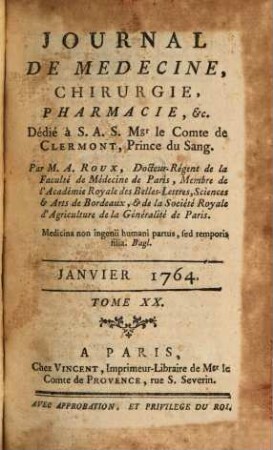 Journal de médecine, chirurgie, pharmacie. 20. 1764