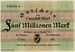 Geldschein / Notgeld, 5 Millionen Mark, 16.8.1923