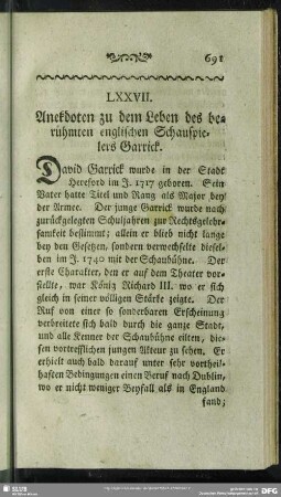 LXXVII. Anekdoten zu dem Leben des berühmten englischen Schauspielers Garrick