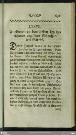 LXXVII. Anekdoten zu dem Leben des berühmten englischen Schauspielers Garrick