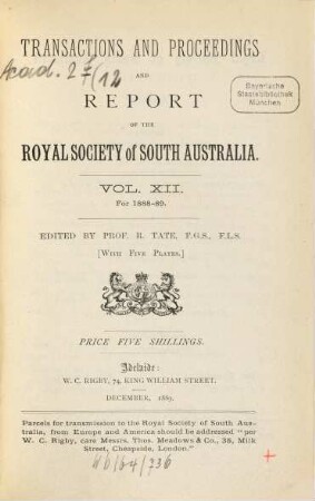 Transactions of the Royal Society of South Australia : incorporating the Records of the South Australian Museum. 12. 1888/89