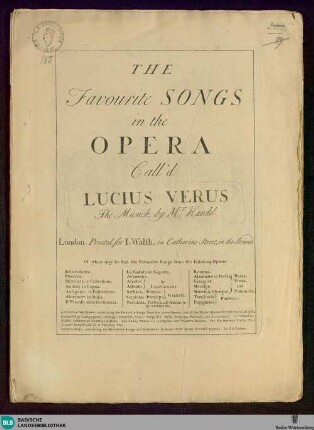 The Favourite Songs in the Opera Call'd Lucius Verus
