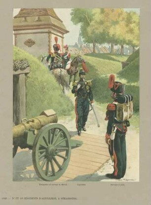 5. und 14. Artillerie-Regiment in Garnison Straßburg, Trompeter und Kanonier zu Pferd, inspizierender Kapitän vor strammstehendem Kanonier mit Feldausrüstung, jeweils in Uniform und Mütze, links Kanone, im Hintergrund Stadtansicht