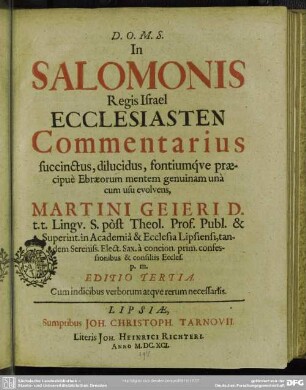 In Salomonis ecclesiasten commentarius Martini Geieri