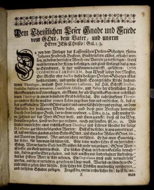 Dem Christlichen Leser Gnade und Friede vom Gott, dem Vater, und unserm Herrn Jesu Christo! Gal. I, 3