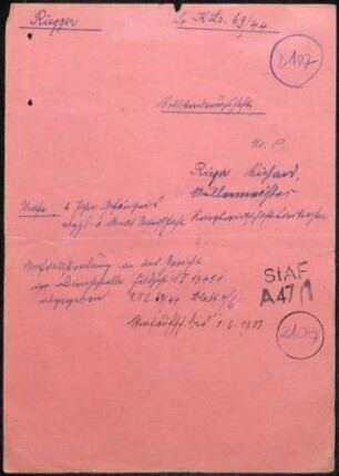 Angeklagter: Riegger, Richard (Müllermeister); Villingen *18.12.1898 in Villingen; + ? Delikt: Verbrechen gegen die Kriegswirtschaftsverordnung (Milchablieferung) Tatort: Villingen Tatzeit: 1939-1944