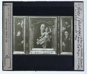 Goes, Madonna (Frankfurt Städel 802A) : Triptychon mit später hinzugefügten Stifterbildern.