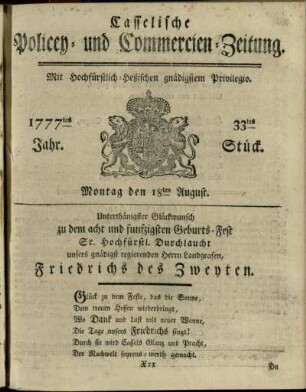 33tes Stueck, Montag den 18ten August 1777