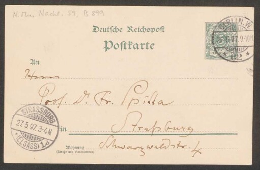 Postkarte an Friedrich Spitta : 26.05.1897