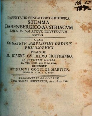 Dissertatio Genealogico-Historica Stemma Babenbergico-Avstriacvm Emendatvm Atqve Illvstratvm Sistens