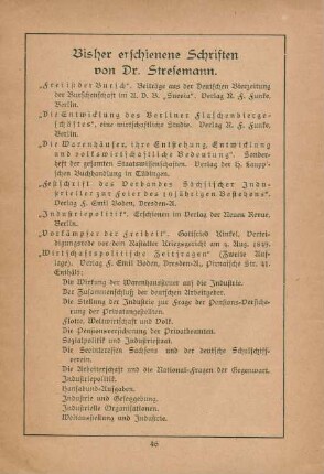 Bisher erschienene Schriften von Dr. Stresemann