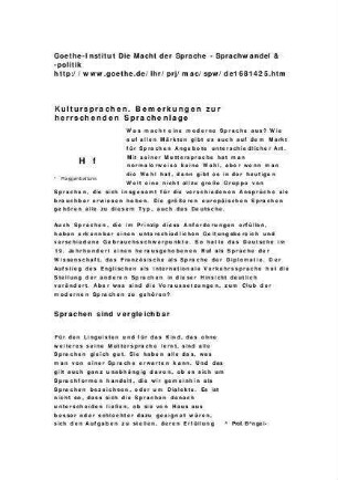 Kultursprachen : Bemerkungen zur herrschenden Sprachenlage