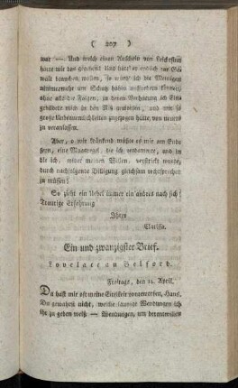 Ein und zwanzigster Brief. Lovelace an Belford. - Fünf und zwanzigster Brief. Clarissa an Fräulein Howe.