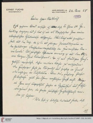 Nachlass Gustav Radbruch. Korrespondenz Ernst Fuchs/Gustav Radbruch: Brief von Ernst Fuchs an Gustav Radbruch