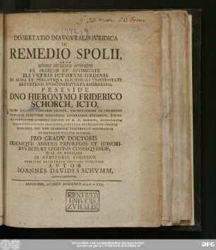 Dissertatio Inavgvralis Ivridica De Remedio Spolii