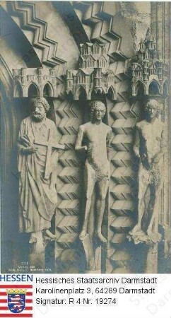 Bamberg, Dom / Statuen des Heiligen Petrus, Adam und Eva an der rechten Seite der Gnadenpforte