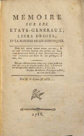 Mémoire sur les États-Généraux, leurs droits, et la manière de les convoquer