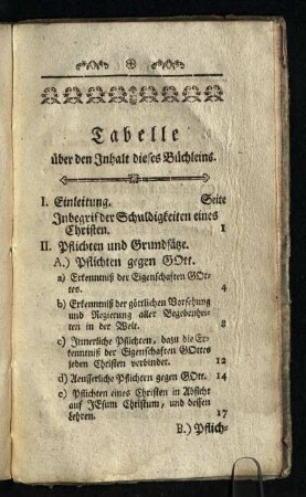Tabelle über den Inhalt dieses Büchleins