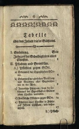 Tabelle über den Inhalt dieses Büchleins