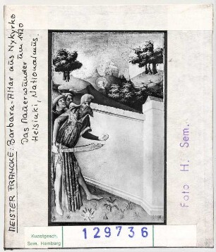 Meister Francke: Barbara-Altar, Dioskur verfolgt die Heilige, Mauerwunder.Helsingfors (Helsinki), Museum