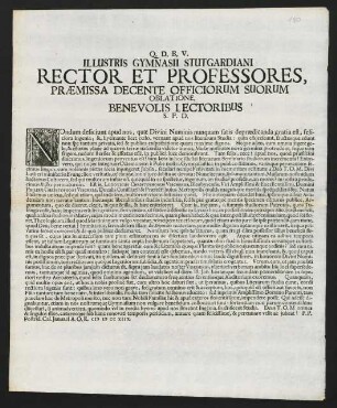 Illustris Gymnasii Stutgardiani Rector Et Professores, Praemissa Decente Officiorum Suorum Oblatione, Benevolis Lectoribus S. P. D.