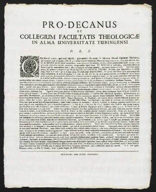 Pro-Decanus Et Collegium Facultatis Theologicae In Alma Universitate Tubingensi P. L. S.