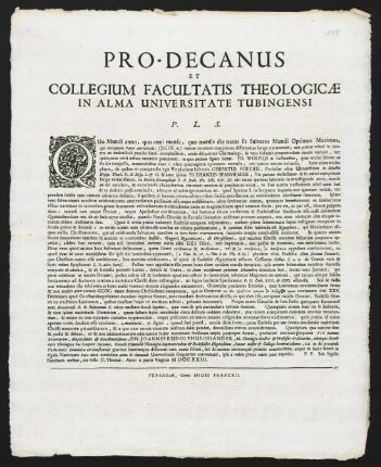 Pro-Decanus Et Collegium Facultatis Theologicae In Alma Universitate Tubingensi P. L. S.