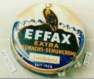Blechdose mit Deckelheber für "EFFAX EXTRA EDELWACHS-SCHUHCREME starkfärbend seit 1908"