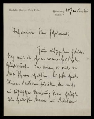 Brief von Fritz Fleiner an Otto von Gierke, Heidelberg, 10.1.1911