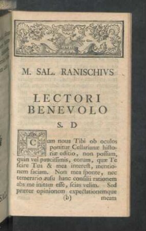 M. Sal. Ranischius Lectori Benevolo S. D.