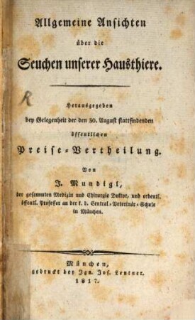 Allgemeine Ansichten über die Seuchen unserer Hausthiere