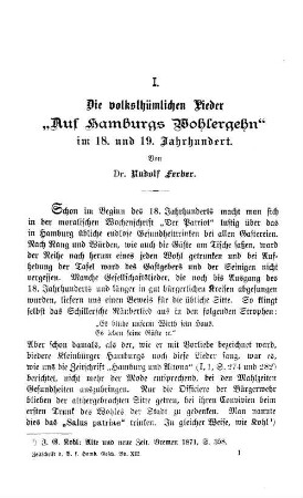 Die Volksthümlichen Lieder "Auf Hamburgs Wohlergehn" im 18. und 19. Jahrhundert.