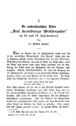 Die Volksthümlichen Lieder "Auf Hamburgs Wohlergehn" im 18. und 19. Jahrhundert.