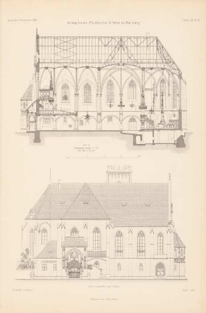 St. Peter, Nürnberg: Ansicht von Süden, Längsschnitt (aus: Atlas zur Zeitschrift für Bauwesen, hrsg. v. Ministerium der öffentlichen Arbeiten, Jg. 52, 1902)