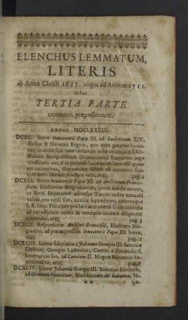Elenchus Lemmatum, Literis ... in hac Tertia Parte