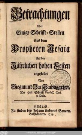 Betrachtungen Uber Einige Schrifft-Stellen Aus dem Propheten Jesaia