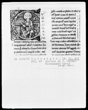 Biblia Sacra omissis psalterio et libris prophetarum — Biblia Sacra omissis psalteria et libris prophetarum (Bd. 2) — David thronend, Folio 48