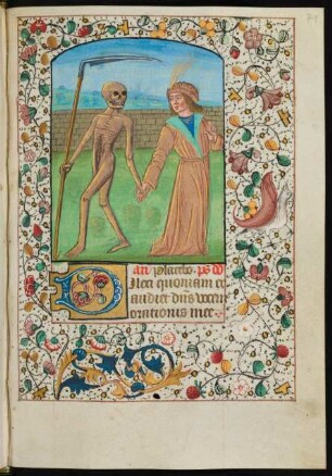 Vollbordürenseite mit Miniatur (Der Tod und der Lebende), Initiale D und Fadenrankenbordüre