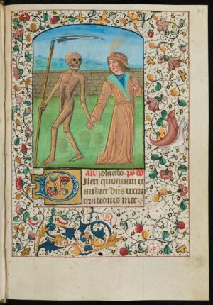 Vollbordürenseite mit Miniatur (Der Tod und der Lebende), Initiale D und Fadenrankenbordüre