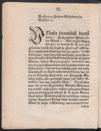 B. An Hertzog Johans Wilhelmen/ zu Sachssen etc.