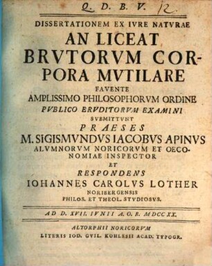 Dissertationem ex iure naturae An liceat brutorum corpora mutilare