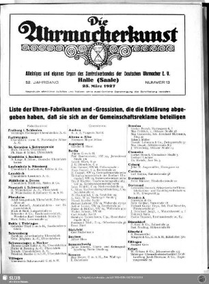 Liste der Uhren-Fabrikanten und -Grossisten, die die Erklärung abgegeben haben, daß sie sich an der Gemeinschaftsreklame beteiligen