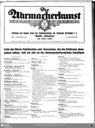 Liste der Uhren-Fabrikanten und -Grossisten, die die Erklärung abgegeben haben, daß sie sich an der Gemeinschaftsreklame beteiligen