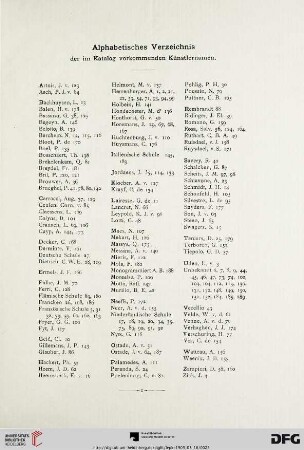Alphabetisches Verzeichnis der im Katalog vorkommenden Künstlernamen