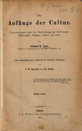 Die Anfänge der Cultur : Untersuchungen über die Entwicklung der Mythologie, Philosophie, Religion, Kunst und Sitte, 1