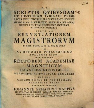 De scriptis quibusdam et historiam iubilaei primi pacis religiosae illustrantibus et memoriam eius d. XXV. Sept. huius anni recurrentem commendantibus : et memoriam eius d. XXV. Sept. huius anni recurrentem commendatibus ...