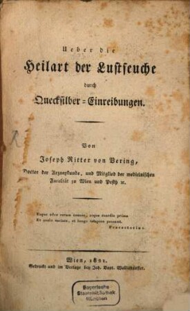 Ueber die Heilart der Lustseuche durch Quecksilber-Einreibungen
