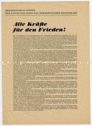 Aufruf der Nationalen Front Leipzig zum Friedenskampf mit Leistungen für den Wiederaufbau von Berlin und Leipzig im Nationalen Aufbauwerk