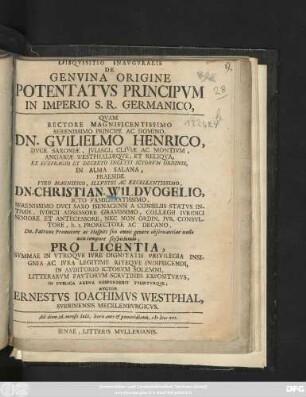 Disqvisitio Inavgvralis De Genvina Origine Potentatvs Principvm In Imperio S. R. Germanico