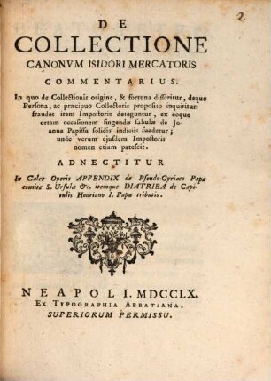 De collectione Canonum Isidori Mercatoris Commentarius